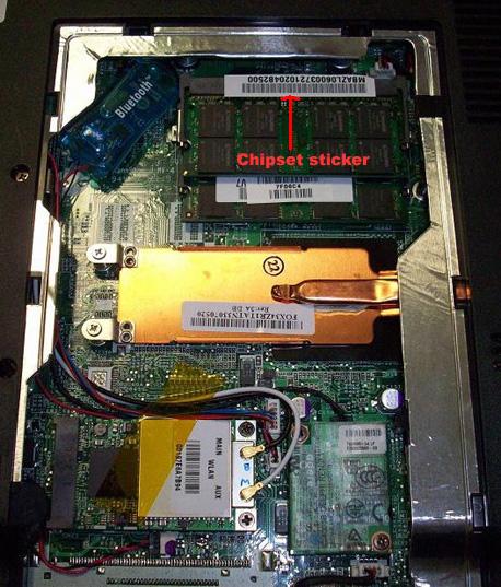 Acer 3680 ram cover off showing motherboard serial number to determine chipset