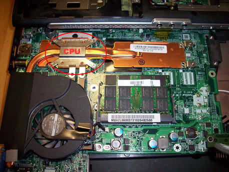 Opened Acer 3680 laptop, showing location of CPU processor on motherboard for upgrade